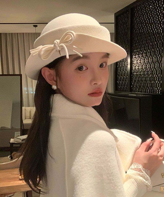 Modern Black Nail Bead Bow Woolen Bucket Hat