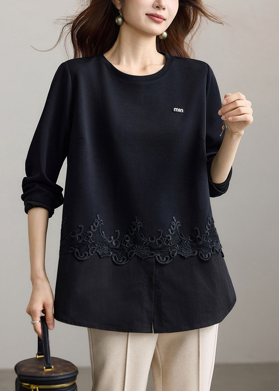 Modern Black O-Neck Lace Patchwork Shirt Tops Fall