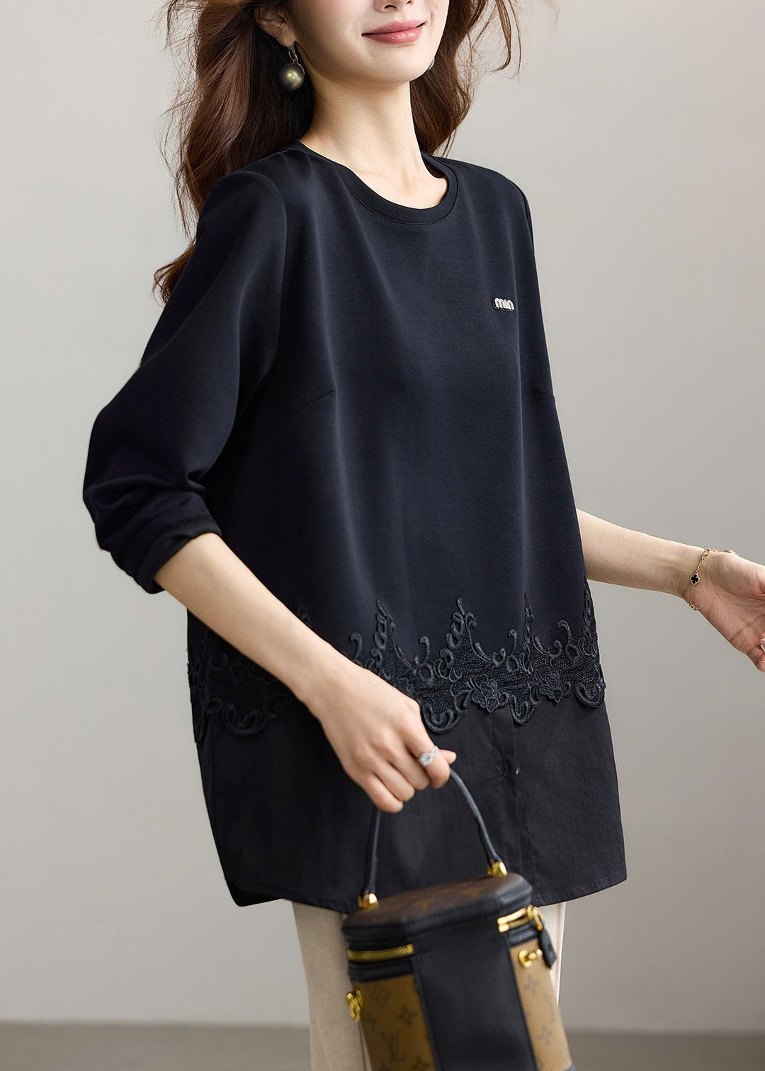 Modern Black O-Neck Lace Patchwork Shirt Tops Fall