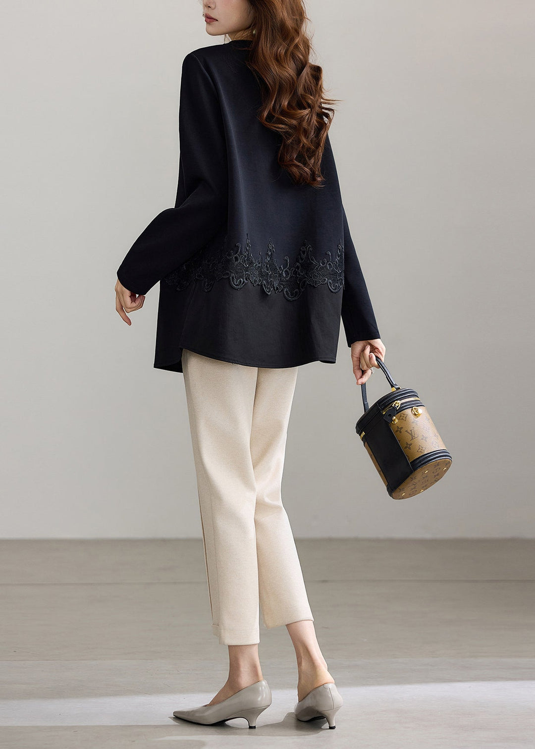 Modern Black O-Neck Lace Patchwork Shirt Tops Fall