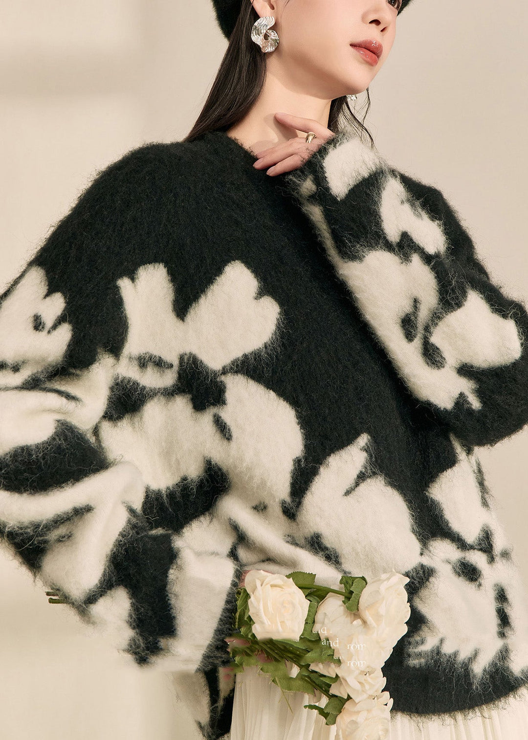 Modern Black O-Neck Print Cotton Knit Cardigan Fall