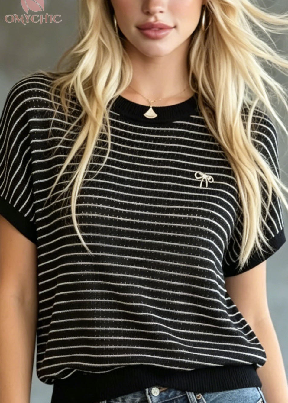 Modern Black O Neck Striped Ice Silk Knit Top Summer