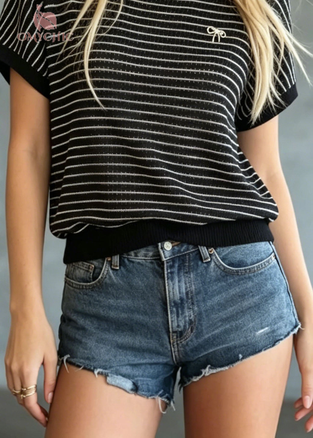 Modern Black O Neck Striped Ice Silk Knit Top Summer