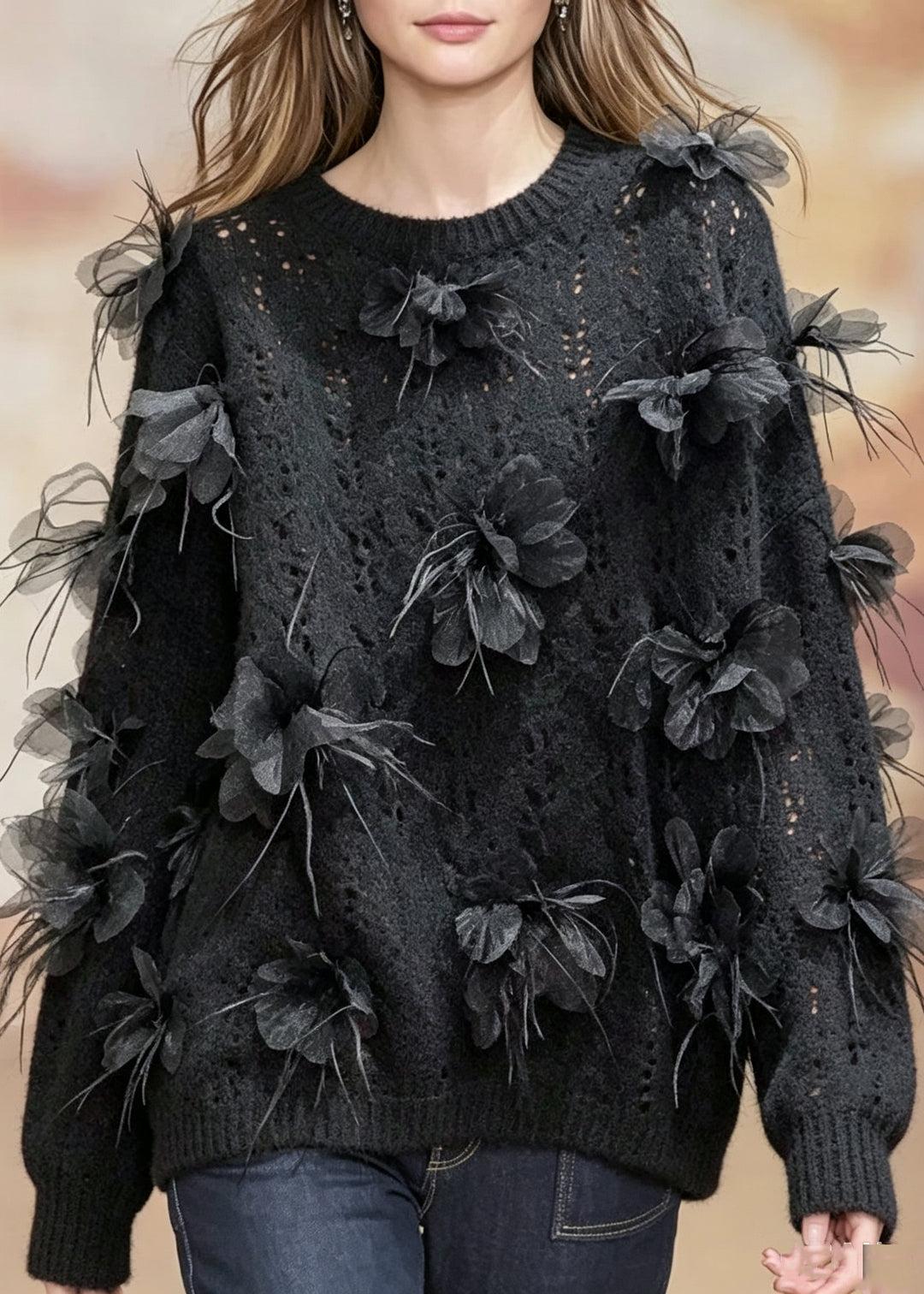 Modern Black O-NeckFloral Cotton Knit Sweaters Long Sleeve