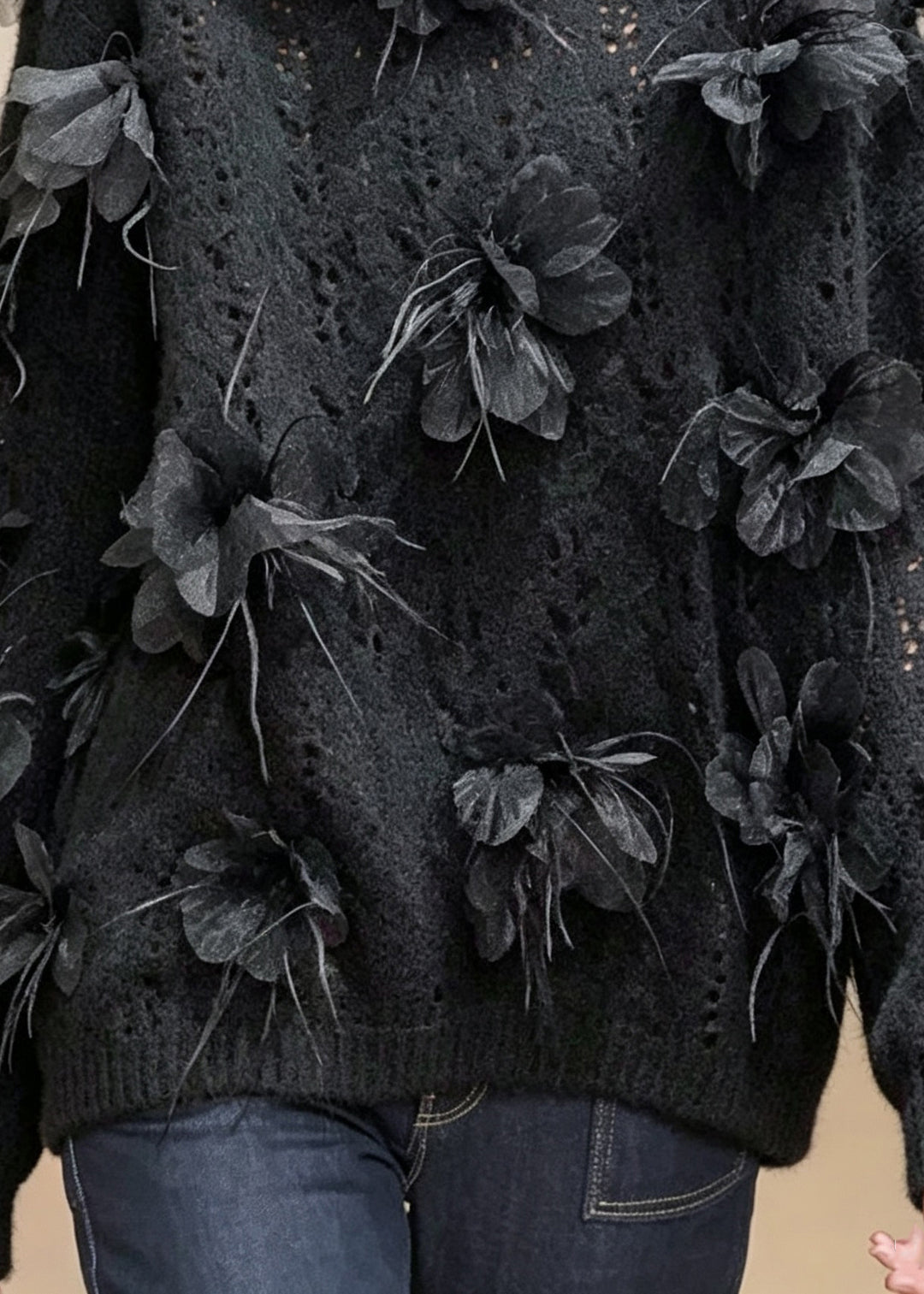 Modern Black O-NeckFloral Cotton Knit Sweaters Long Sleeve