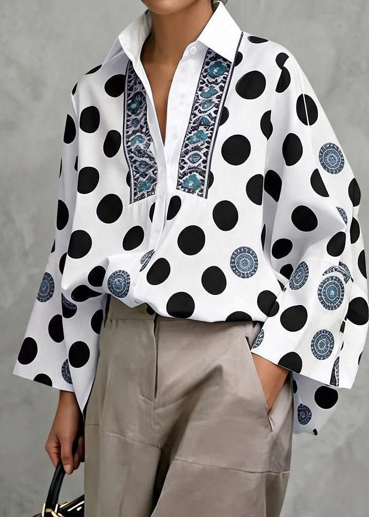 Modern Black Oversized Dot Print Cotton Blouses Fall