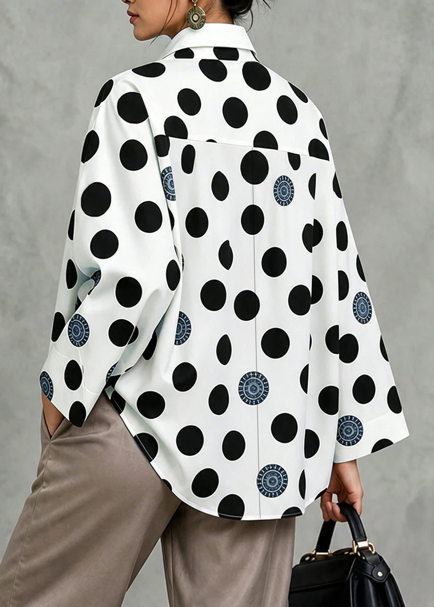 Modern Black Oversized Dot Print Cotton Blouses Fall