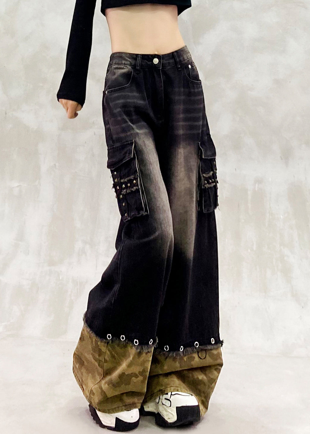 Modern Black Oversized Patchwork Denim Pants Spring