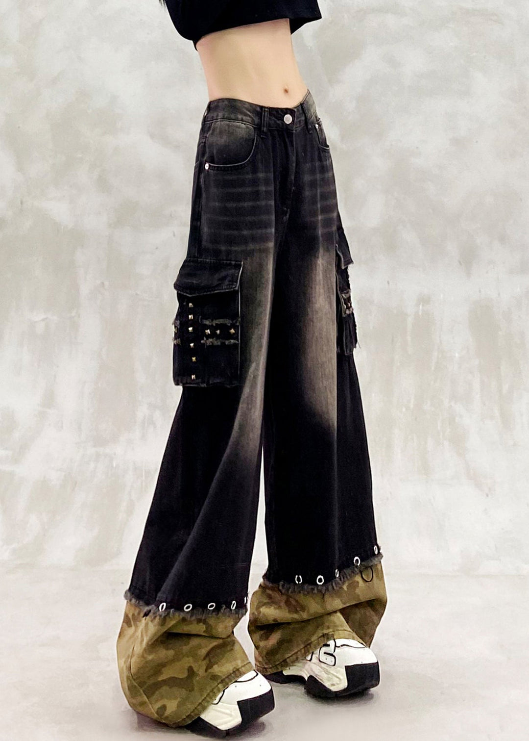Modern Black Oversized Patchwork Denim Pants Spring