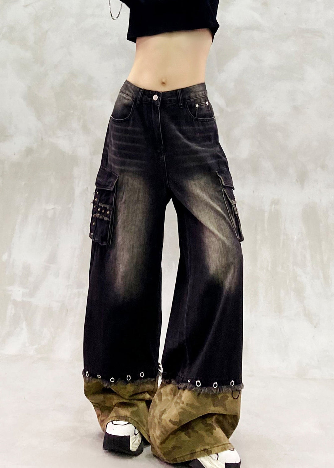 Modern Black Oversized Patchwork Denim Pants Spring