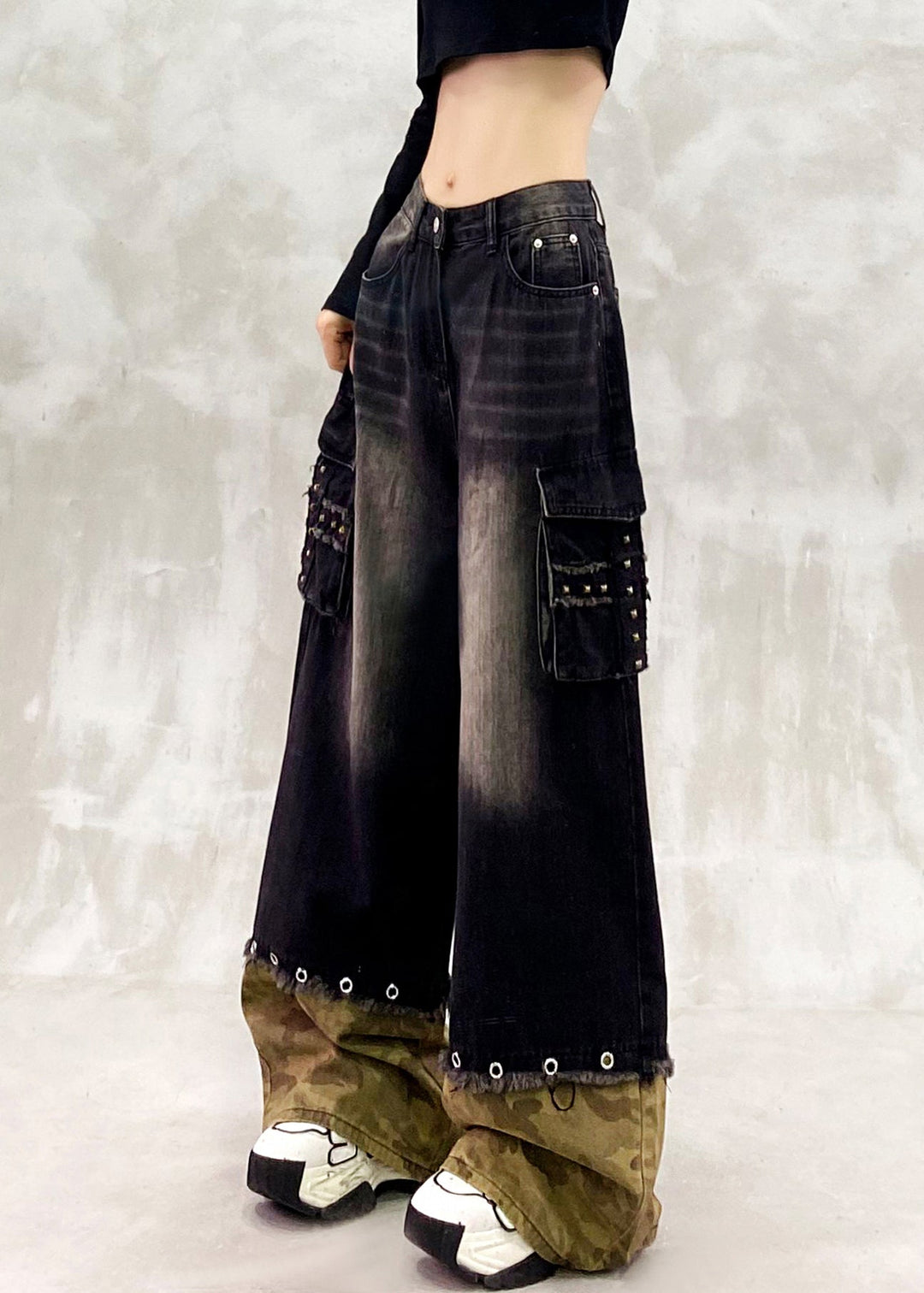 Modern Black Oversized Patchwork Denim Pants Spring