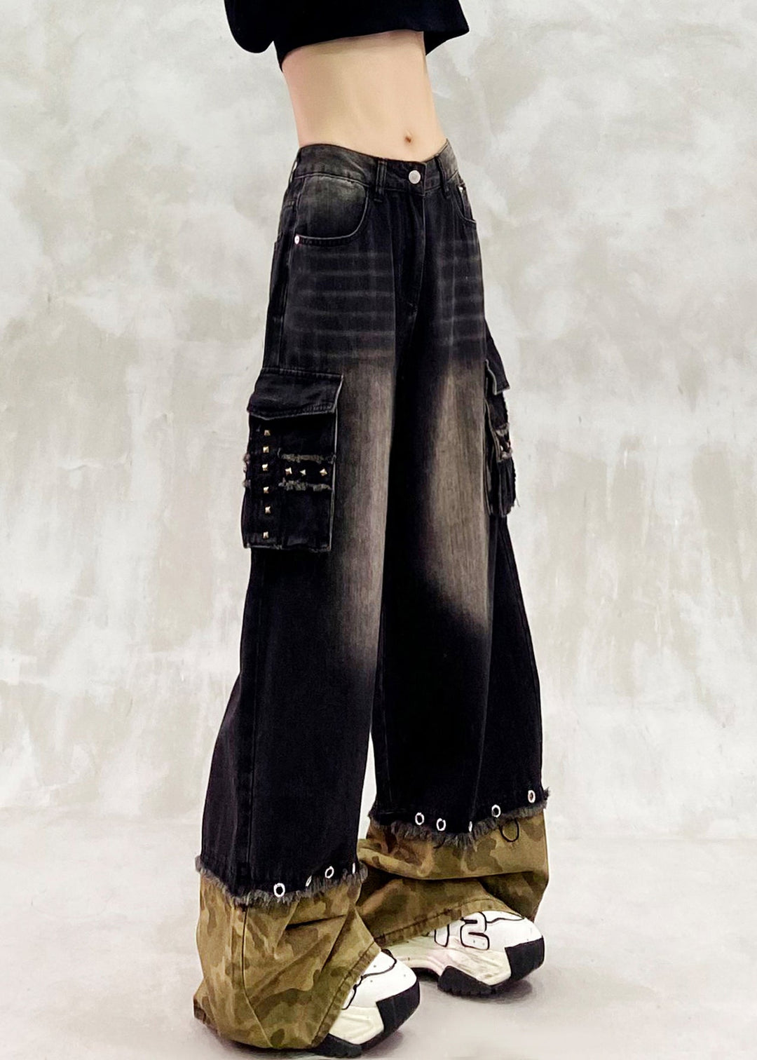 Modern Black Oversized Patchwork Denim Pants Spring