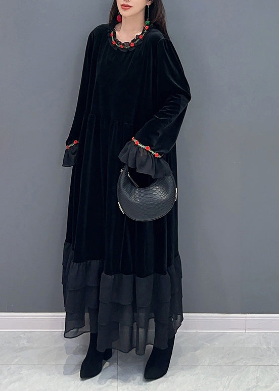 Modern Black Oversized Patchwork Silk Velvet Holiday Dress Spring