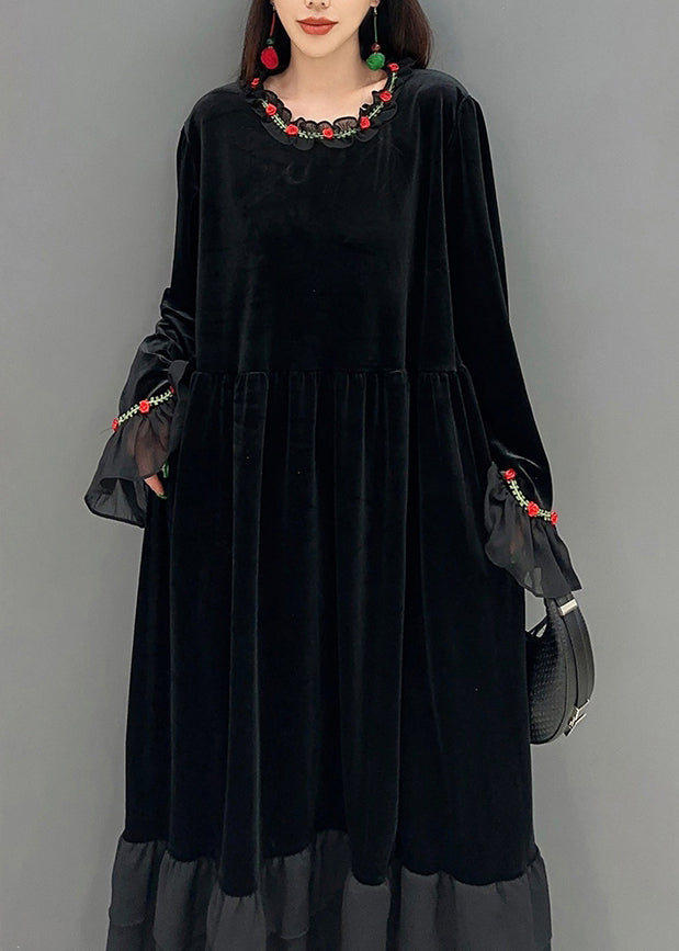 Modern Black Oversized Patchwork Silk Velvet Holiday Dress Spring
