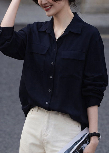 Modern Black Oversized Pockets Cotton Shirt Spring