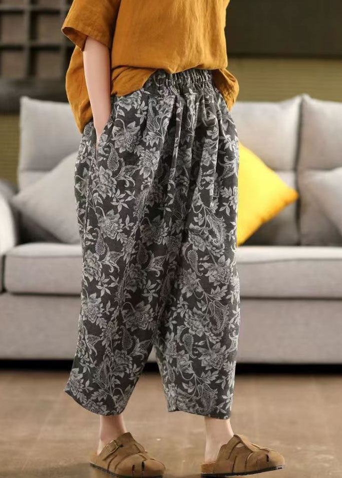 Modern Black Oversized Print Linen Harem Pants Summer