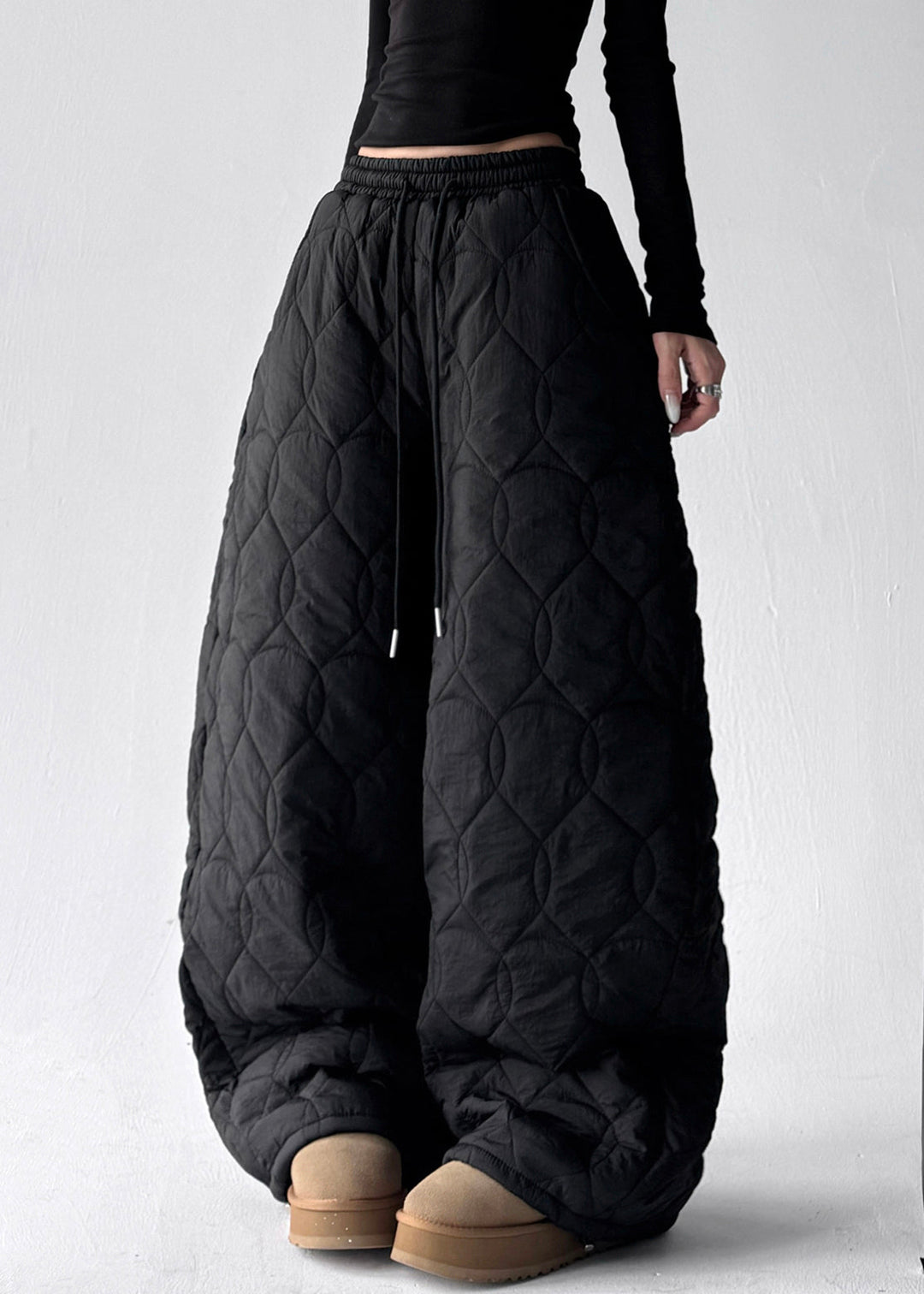 Modern Black Pockets Elastic Waist Cotton Filled Pants Winter