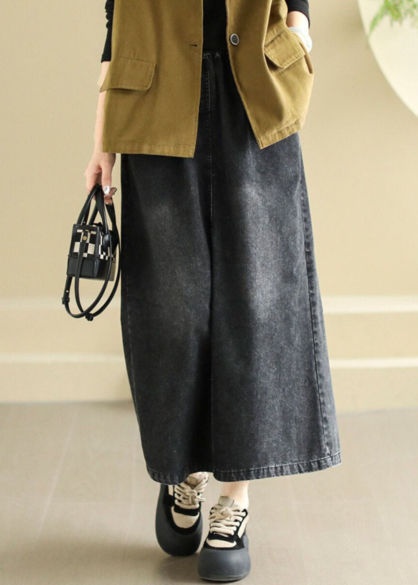 Modern Black Pockets Patchwork Elastic Waist Denim Skirt Spring