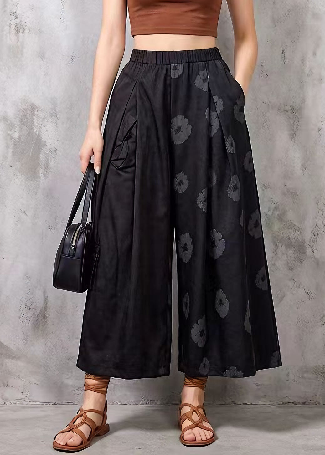 Modern Black Pockets Print Cotton Crop Pants Summer