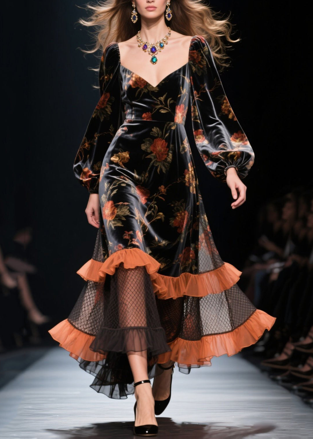 Modern Black Ruffled Patchwork Hollow Out Silk Velvet Dress Spring