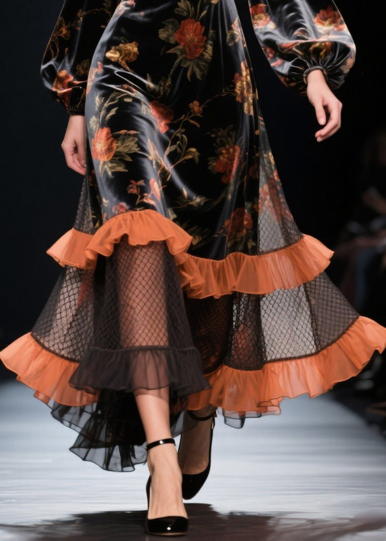 Modern Black Ruffled Patchwork Hollow Out Silk Velvet Dress Spring