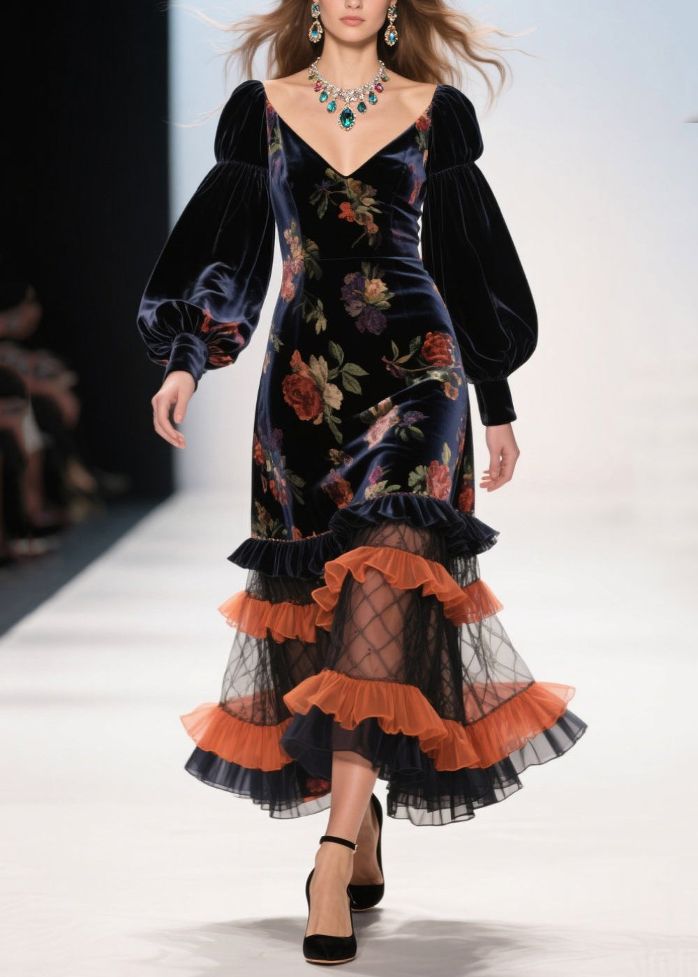 Modern Black Ruffled Patchwork Print Silk Velvet Evening Dress Spring