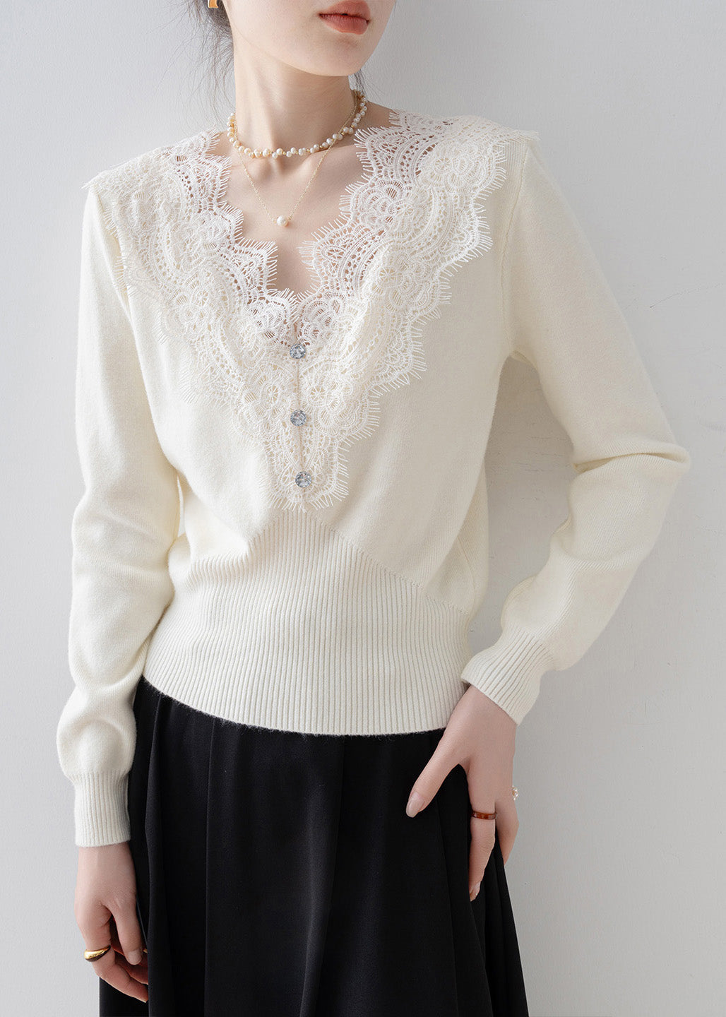 Modern Black V Neck Lace Patchwork Knit Sweaters Spring