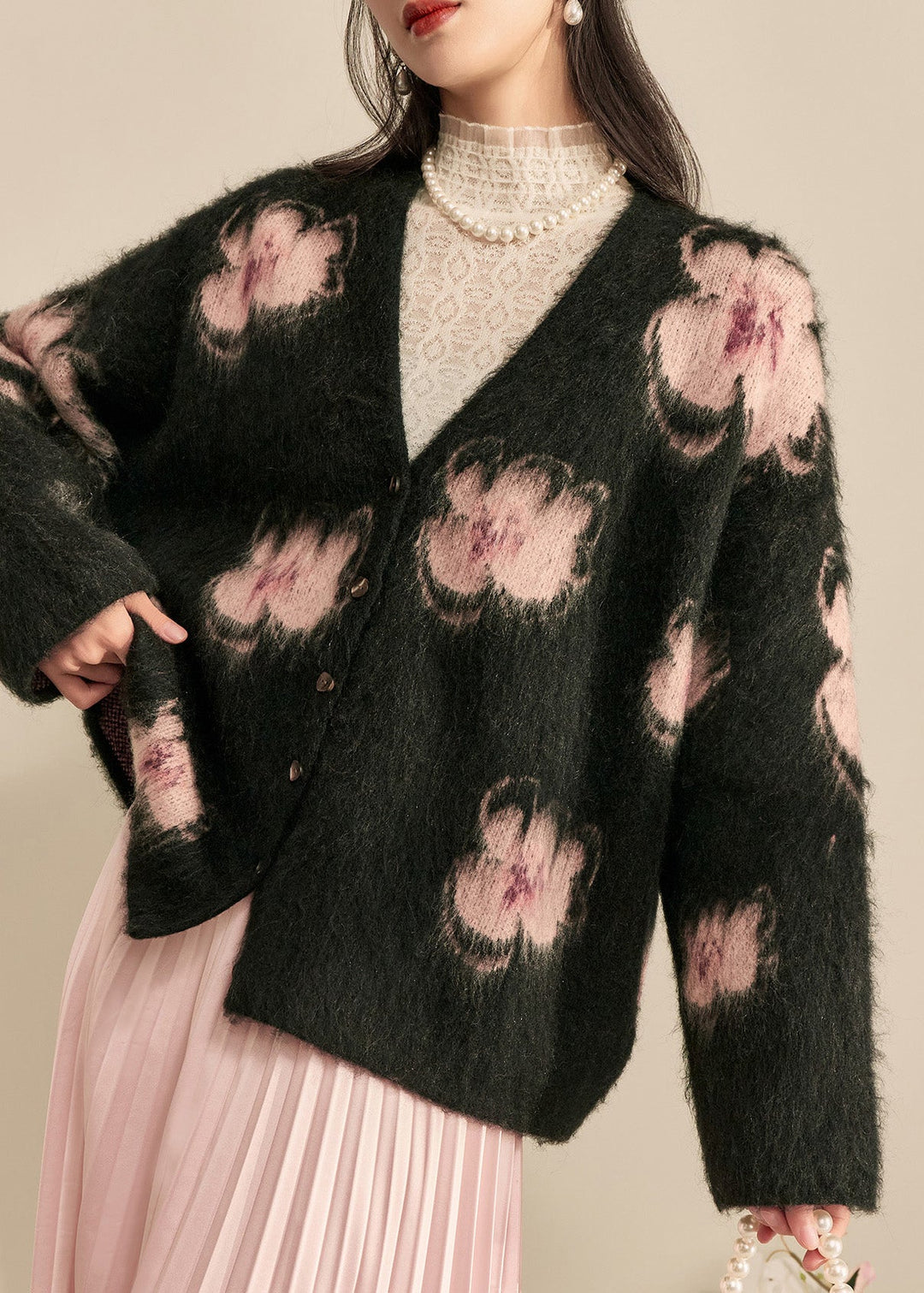 Modern Black V Neck Print Cotton Knit Cardigan Spring