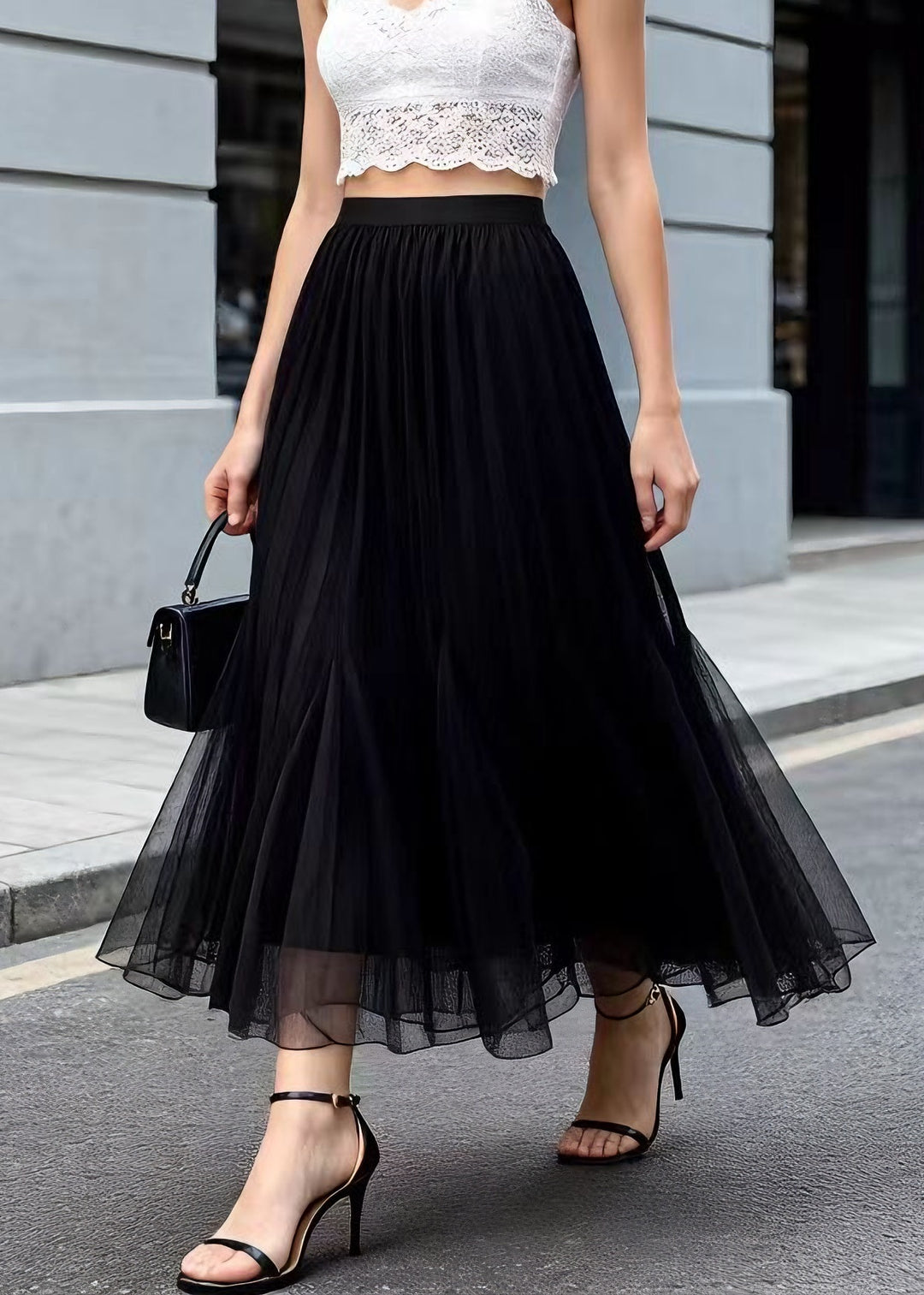 Modern Black Wrinkled Elastic Waist Tulle Skirt Summer