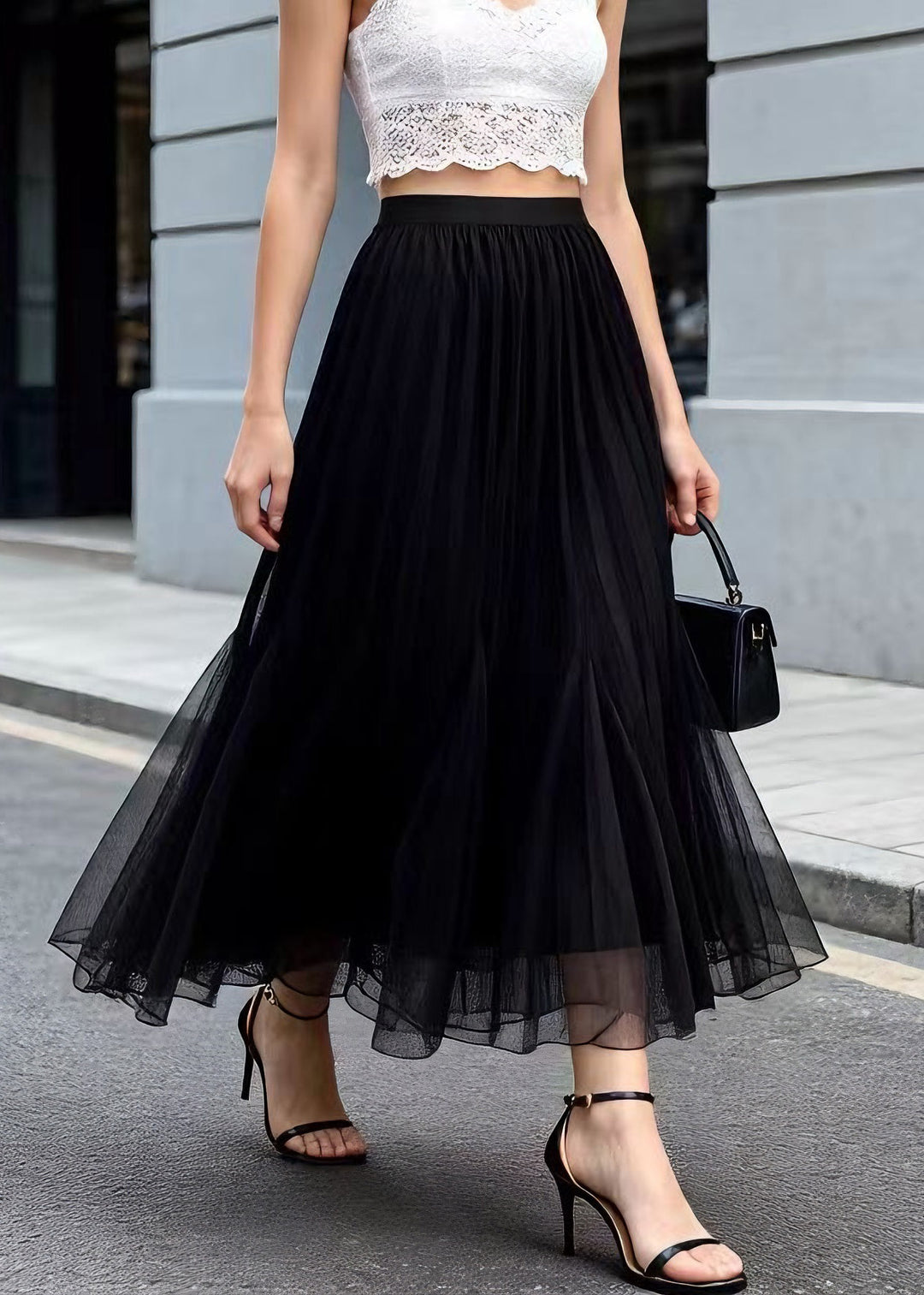 Modern Black Wrinkled Elastic Waist Tulle Skirt Summer