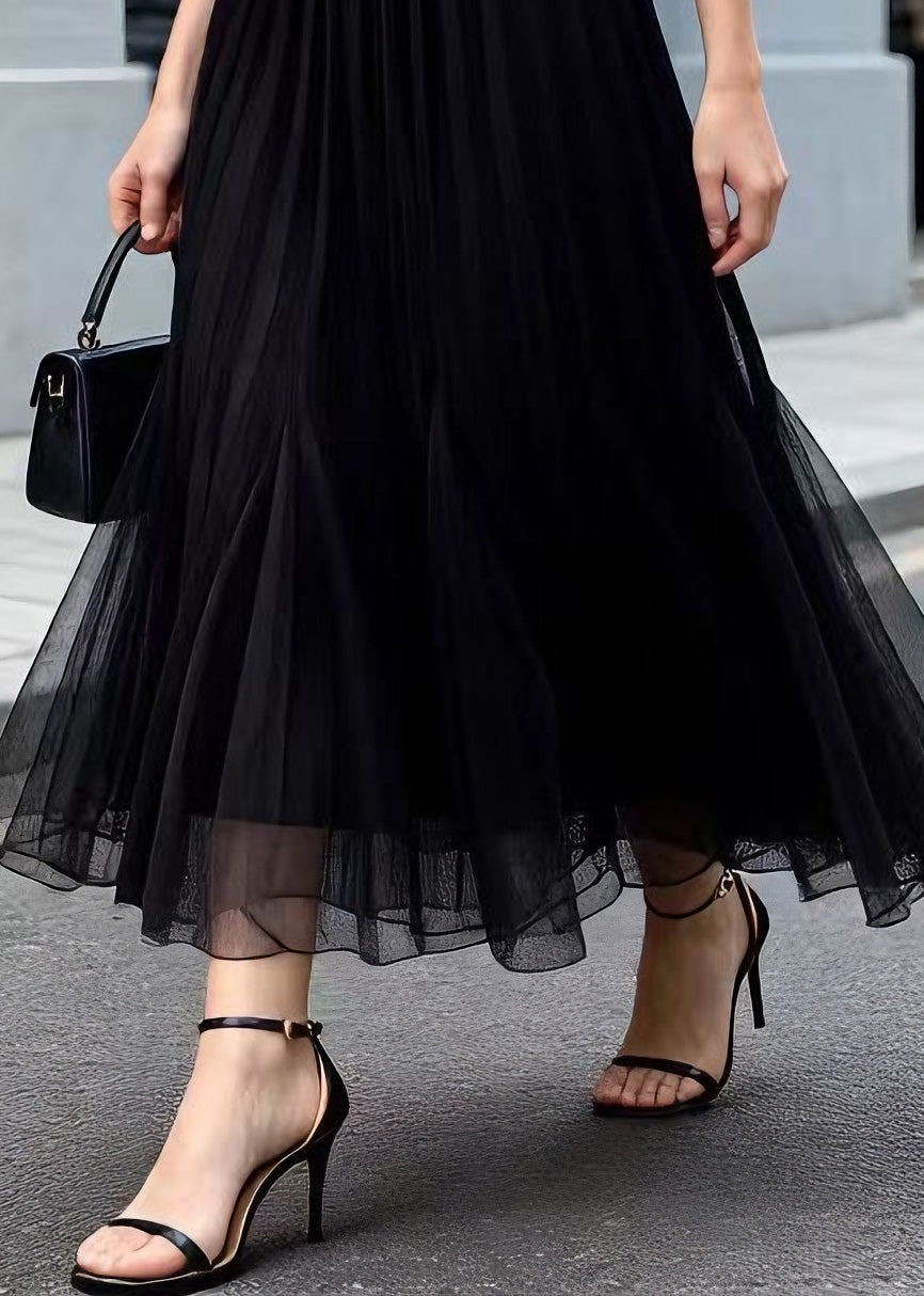Modern Black Wrinkled Elastic Waist Tulle Skirt Summer