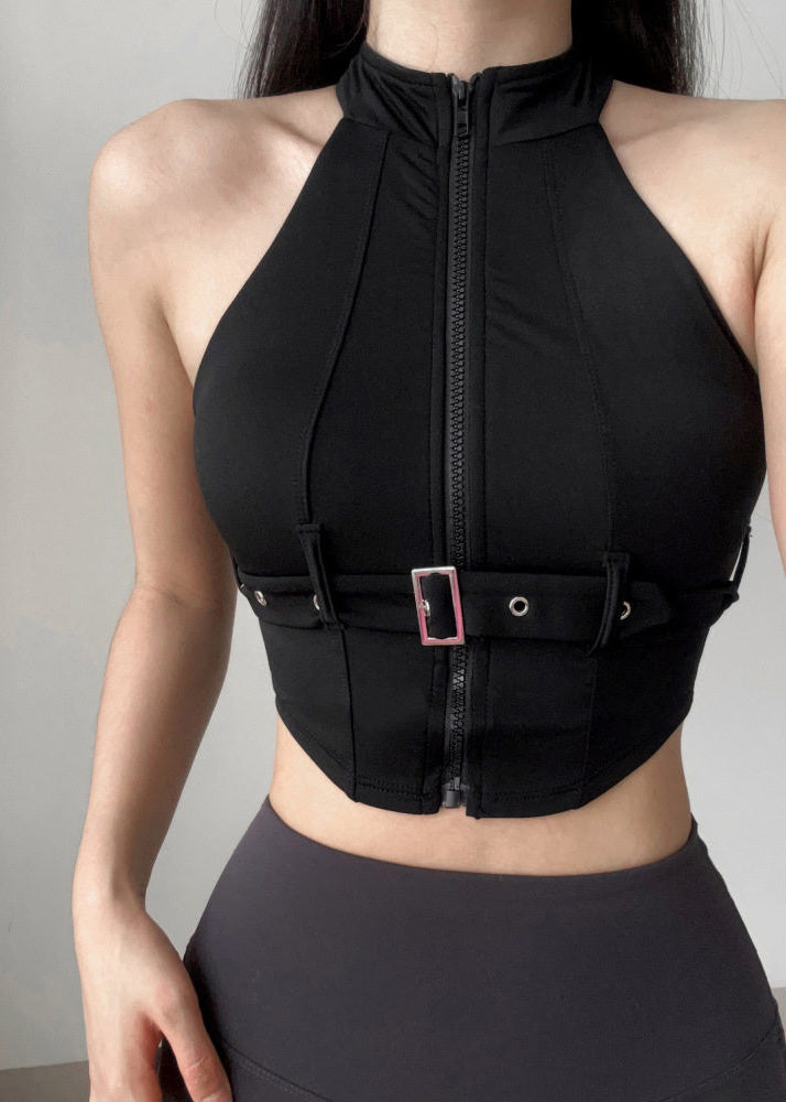 Modern Black Zip Up Sports Bra Tank Top