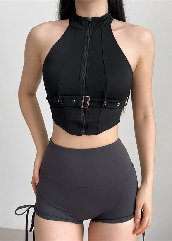 Modern Black Zip Up Sports Bra Tank Top
