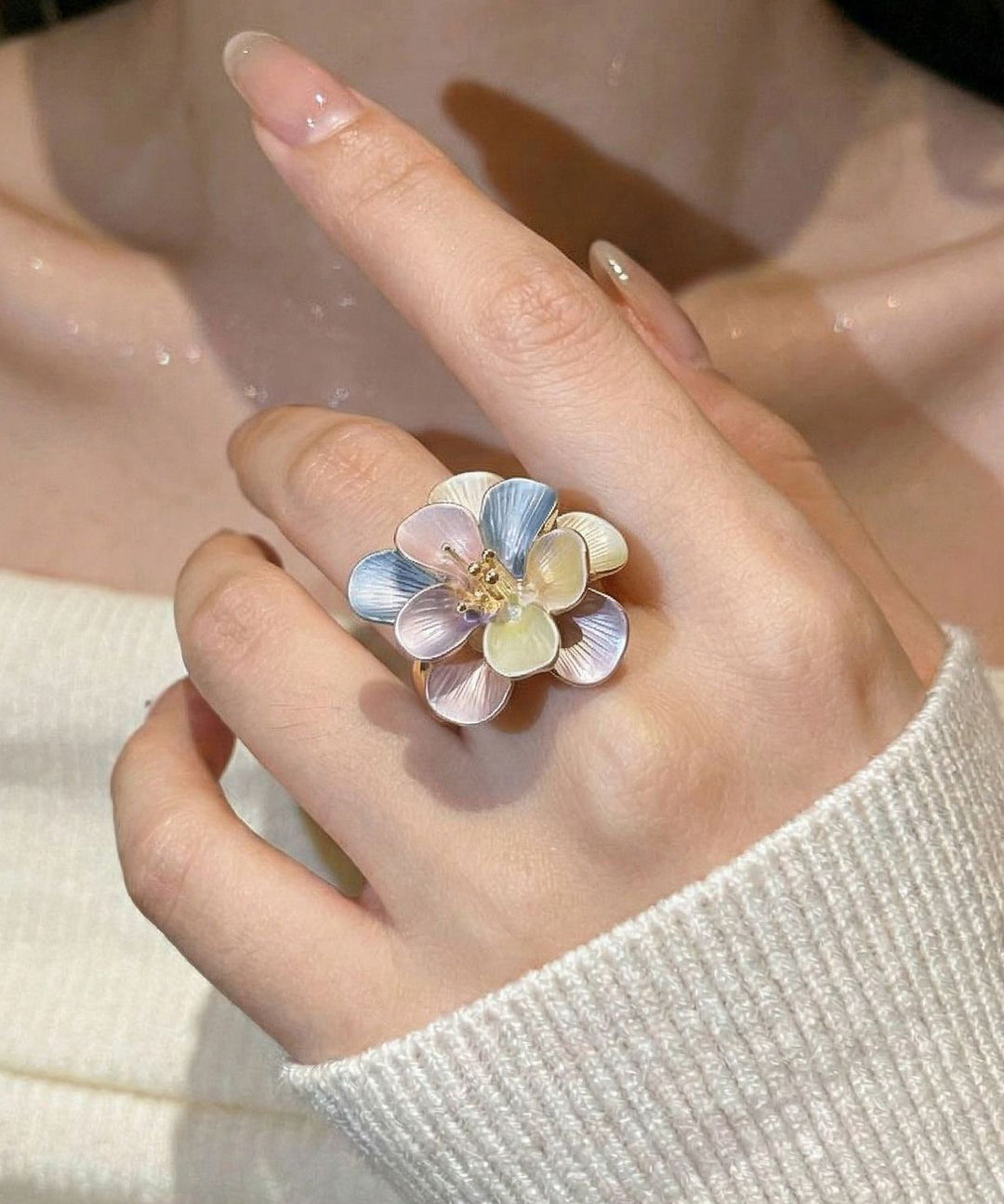 Modern Blue Alloy Floral Enamel Rings