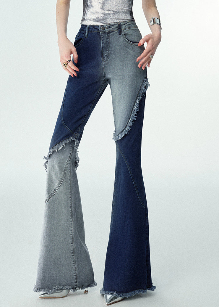 Modern Blue Asymmetrical Patchwork Pockets Flared Jeans Fall