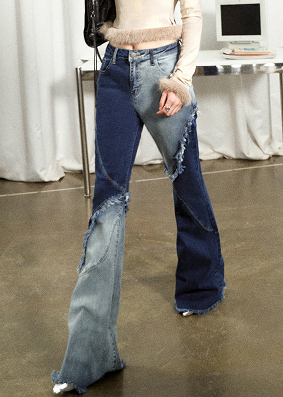 Modern Blue Asymmetrical Patchwork Pockets Flared Jeans Fall