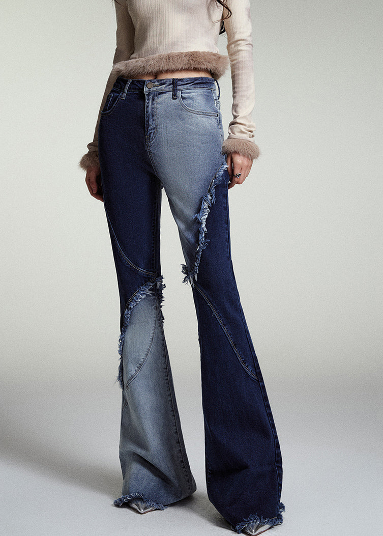 Modern Blue Asymmetrical Patchwork Pockets Flared Jeans Fall