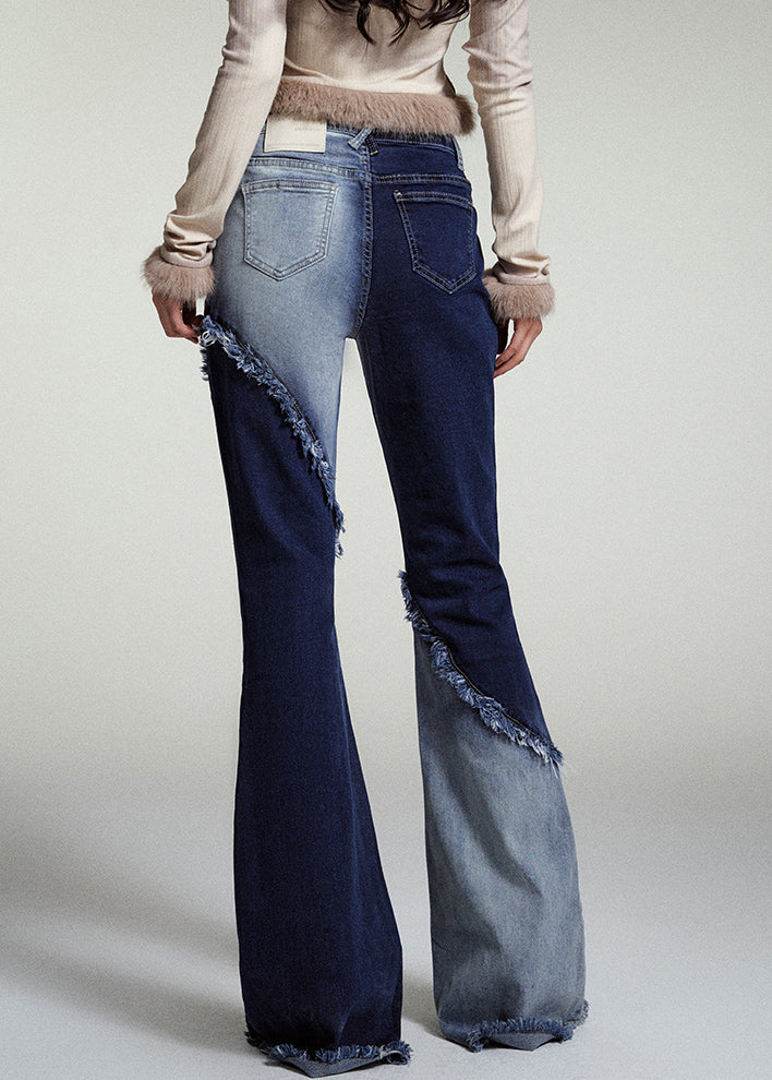 Modern Blue Asymmetrical Patchwork Pockets Flared Jeans Fall