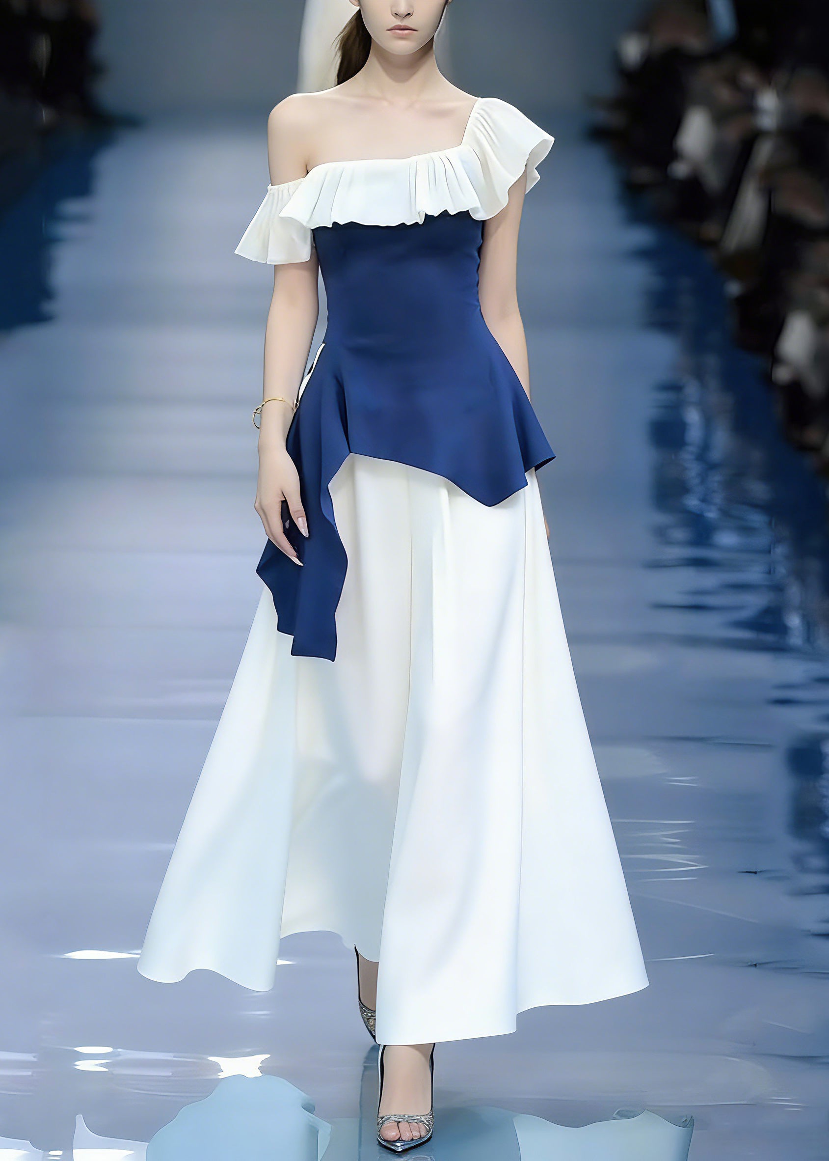 Modern Blue Asymmetrical Patchwork Top And Maxi Skirts Two Pieces Set Short Sleeve - Omychic