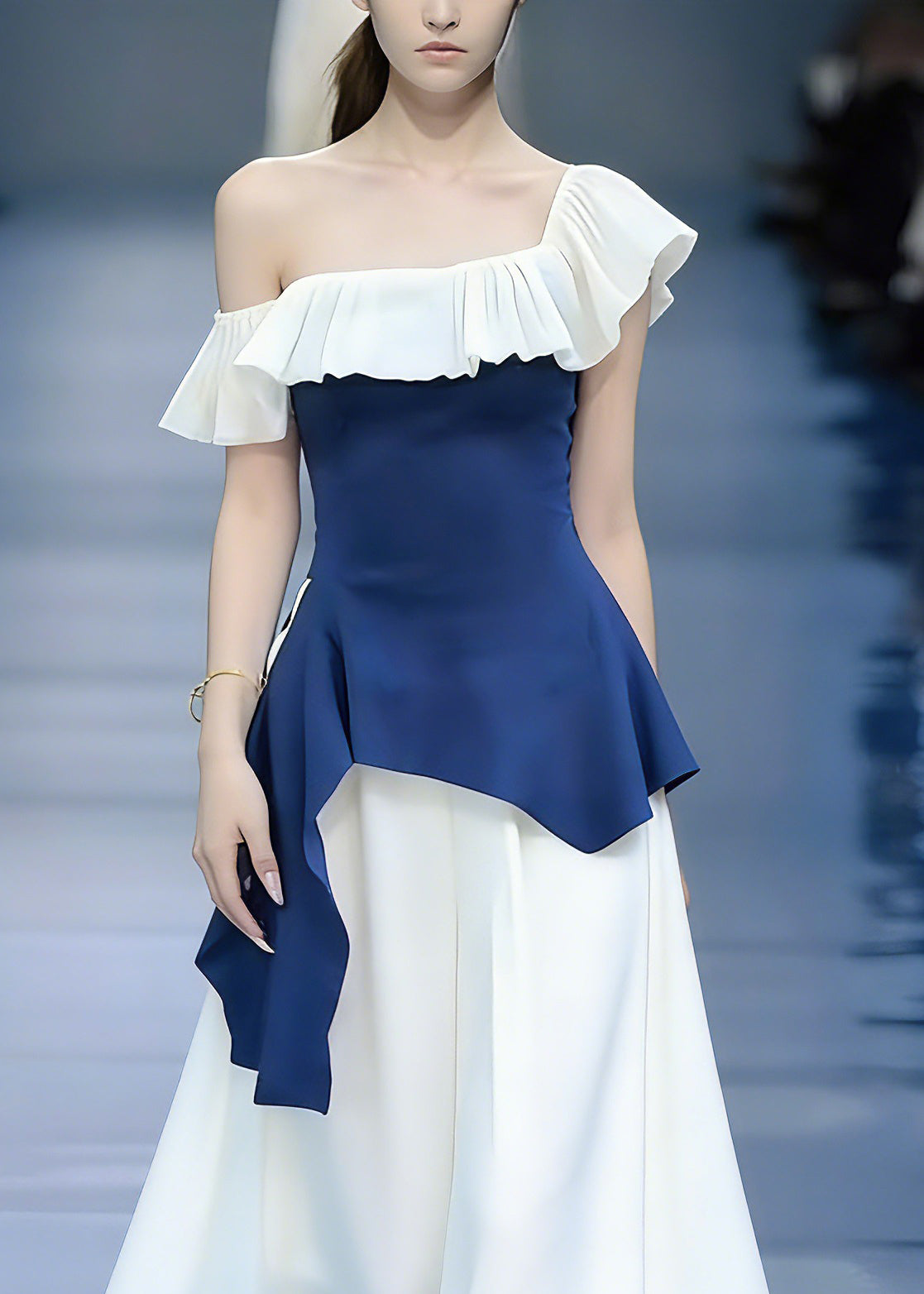 Modern Blue Asymmetrical Patchwork Top And Maxi Skirts Two Pieces Set Short Sleeve - Omychic