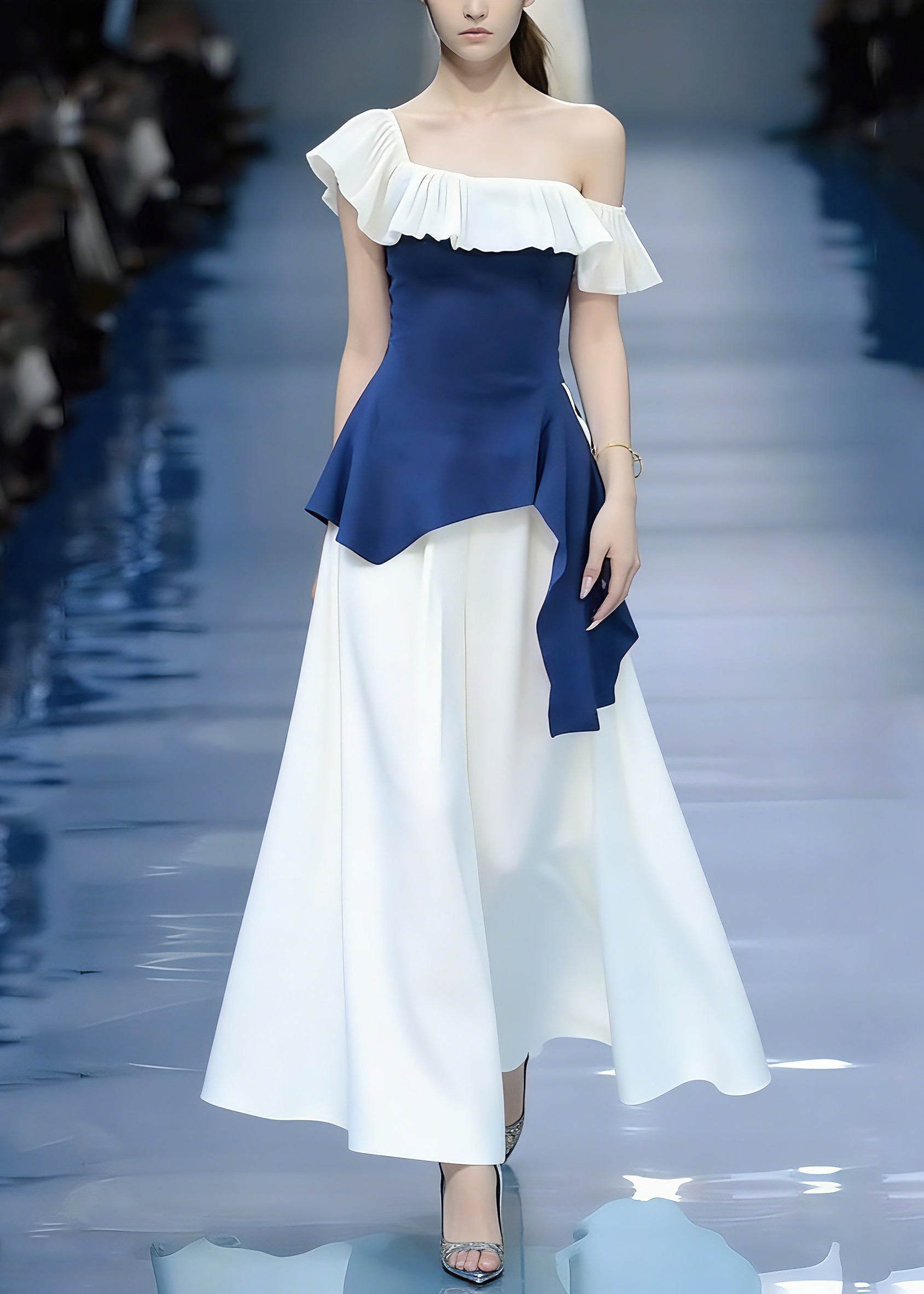 Modern Blue Asymmetrical Patchwork Top And Maxi Skirts Two Pieces Set Short Sleeve - Omychic