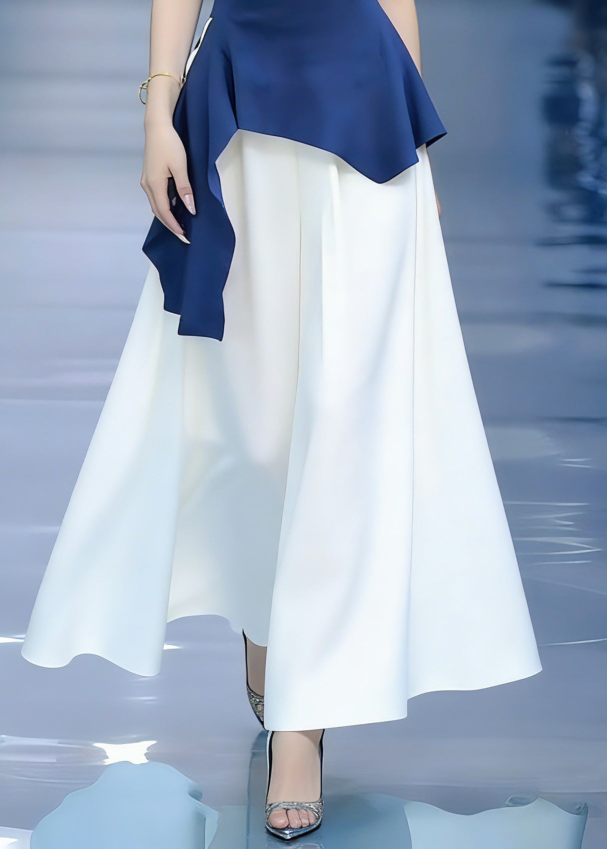 Modern Blue Asymmetrical Patchwork Top And Maxi Skirts Two Pieces Set Short Sleeve - Omychic