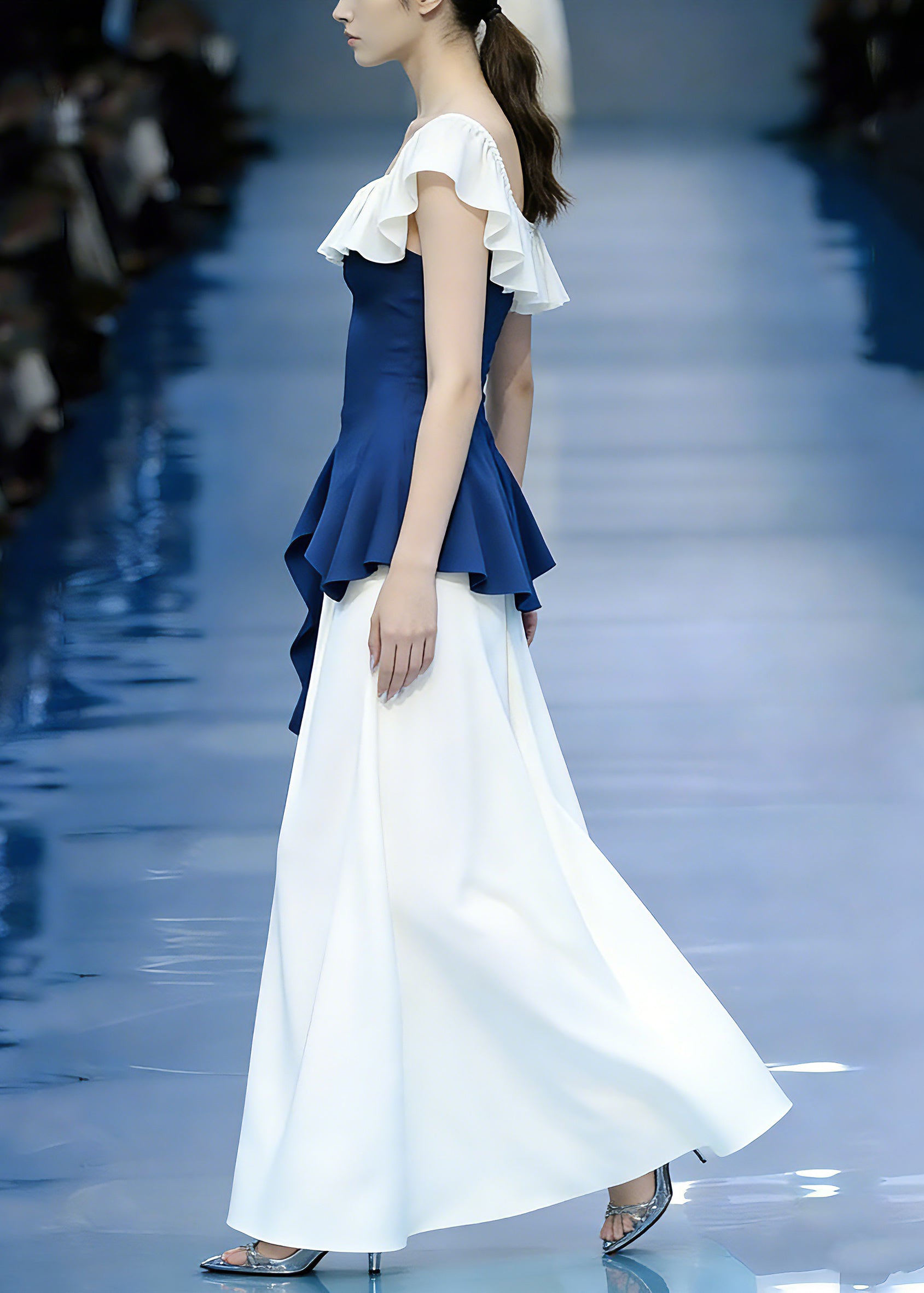 Modern Blue Asymmetrical Patchwork Top And Maxi Skirts Two Pieces Set Short Sleeve - Omychic