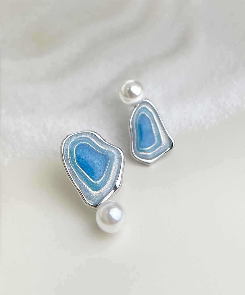 Modern Blue Copper Pearl Drip Glaze Stud Earrings
