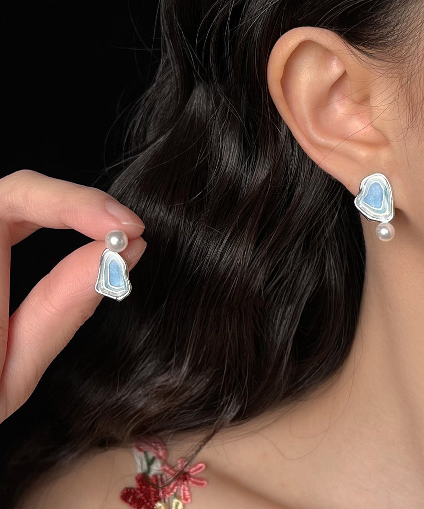 Modern Blue Copper Pearl Drip Glaze Stud Earrings