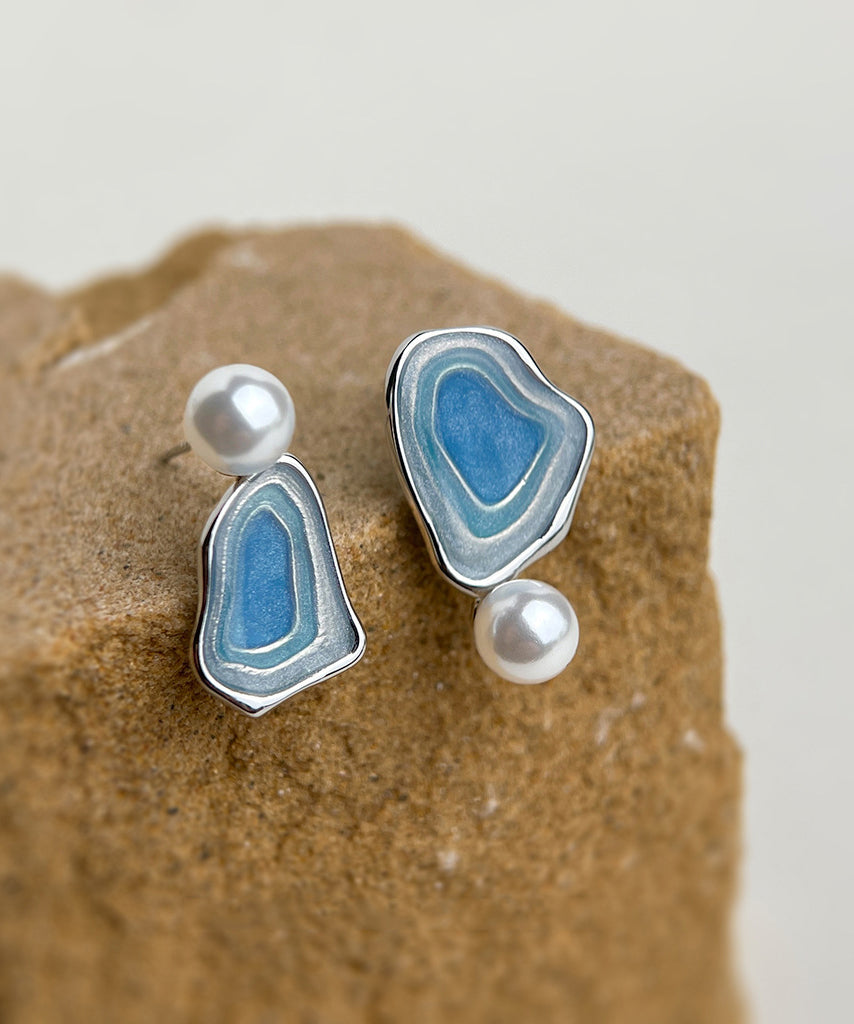 Modern Blue Copper Pearl Drip Glaze Stud Earrings