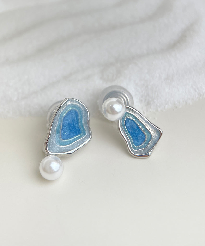Modern Blue Copper Pearl Drip Glaze Stud Earrings