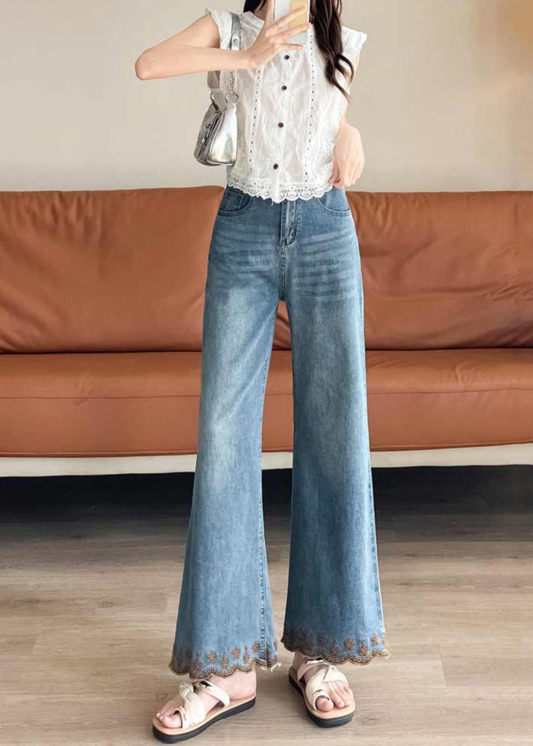 Modern Blue Embroidered Denim Bell-bottom Trousers Fall