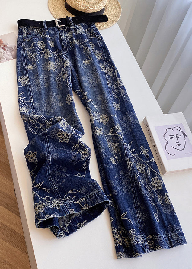 Modern Blue Embroidered Pockets High Waist Denim Pants Fall
