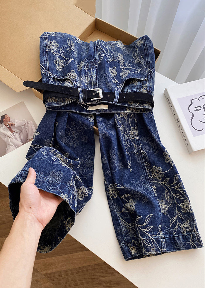 Modern Blue Embroidered Pockets High Waist Denim Pants Fall